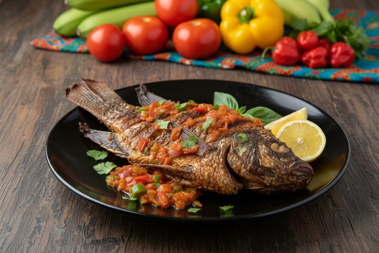 Whole grilled tilapia served with fresh peppers, tomatoes and herbs